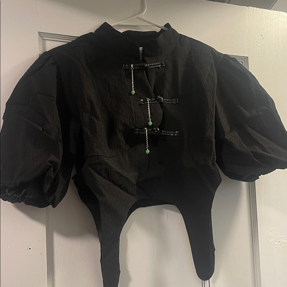 Mukzin Black Puff Sleeve Crop Top with green bead accents